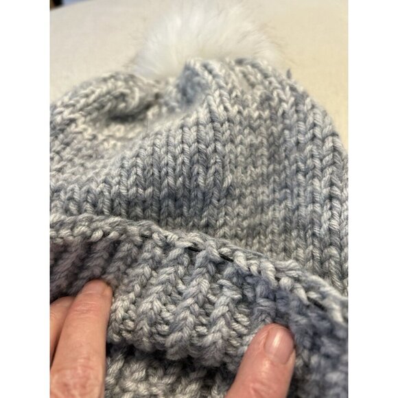 Love Nana Irish Merino Wool Slouch Beanie Hat Fur Pompom Handmade Blue OS